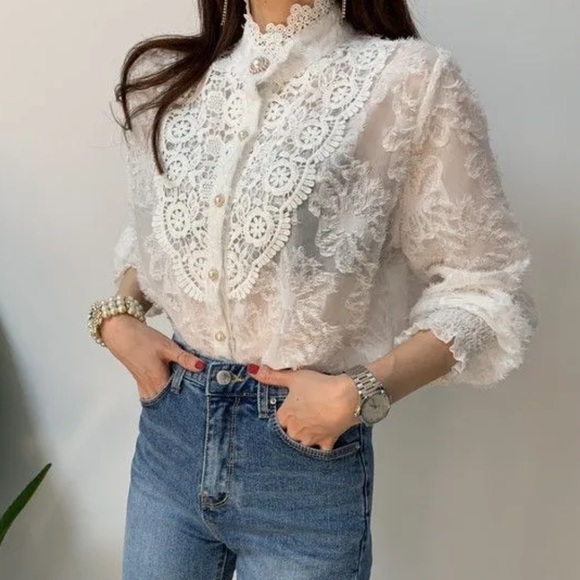 Lace Blouse Button Up Collar Floral Puff Sleeve White Fashion cream - Picture 9 of 9